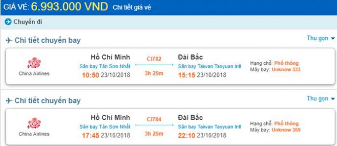 Vé máy bay hành trình Hồ Chí Minh Đài Loan chi tiết